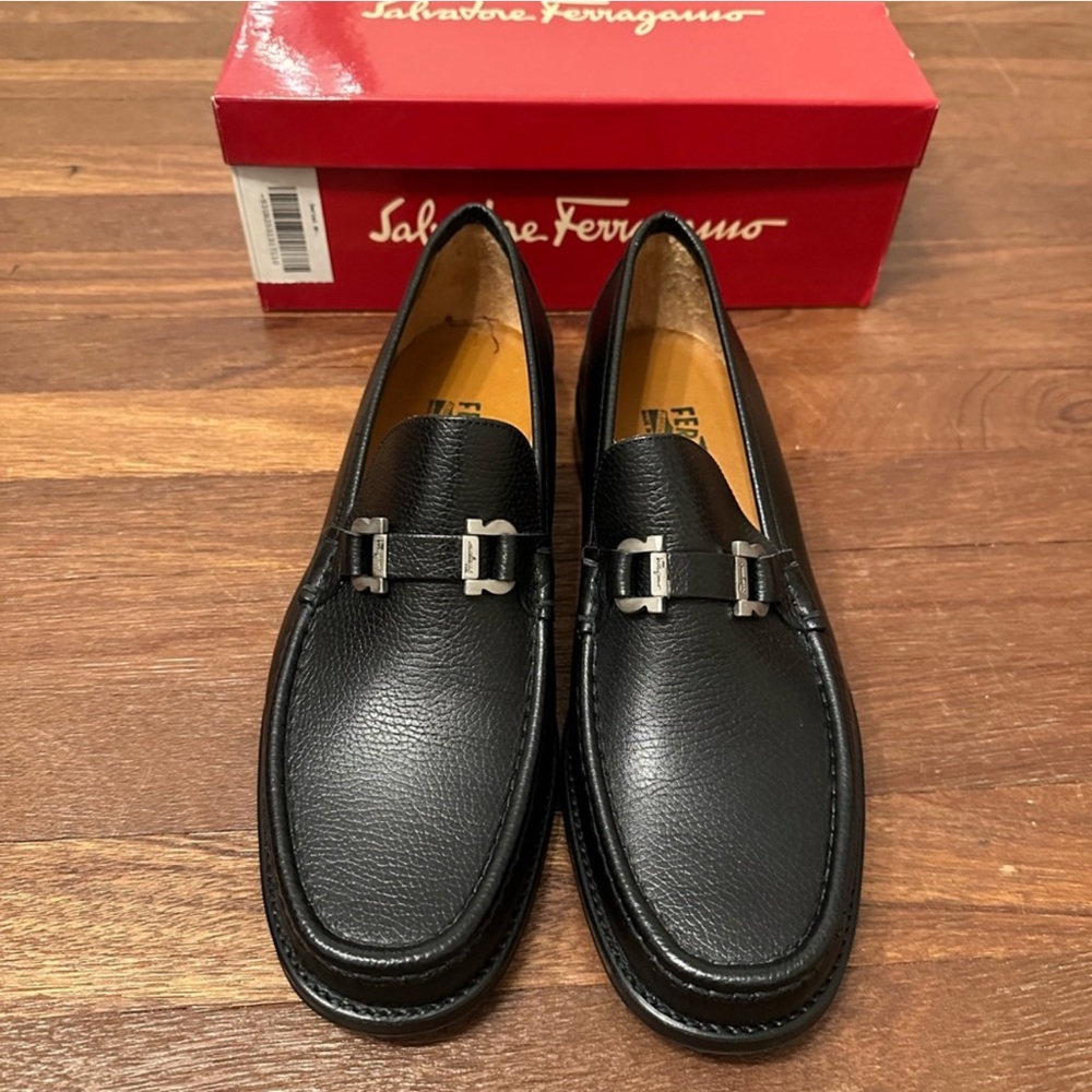 Salvatore Ferragamo Black Leather Loafers with Silver Buckle